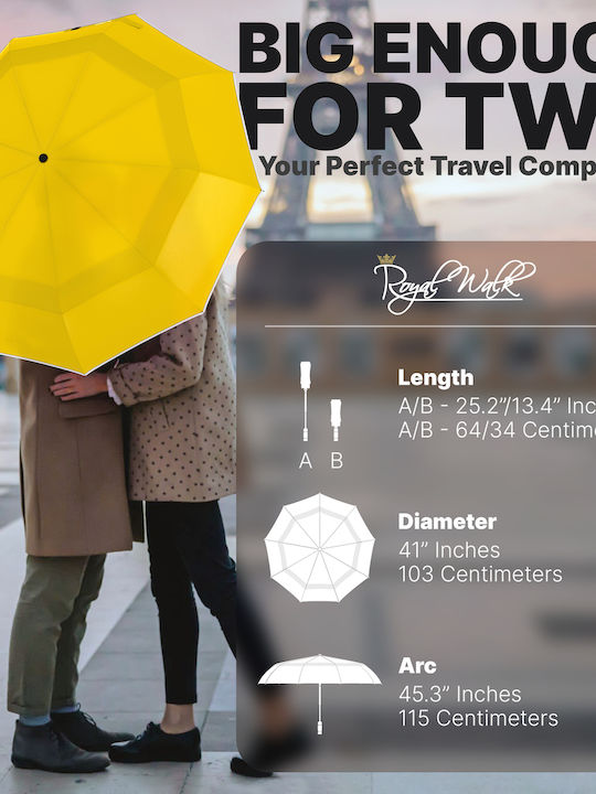 Royal Walk Антиветрена Автоматична Чадър за Дъжд Компактен Жълта Royal Walk Антиветрена Автоматична Чадър за Дъжд Компактен Жълта