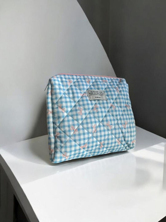 Toiletry Bag Plaid Bows Light Blue Large