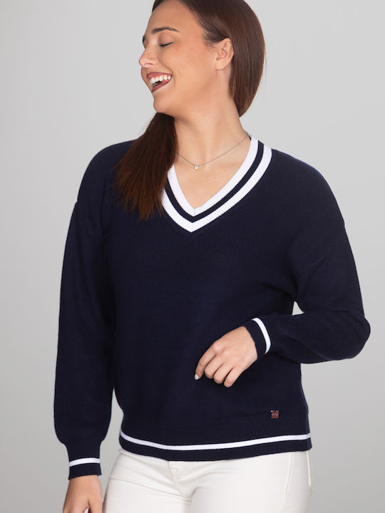 Bluza Damă Din Bumbac Cu Decolteu În V Albastră
