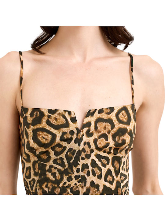 Women's Corset Top with Spaghetti Straps Brown Animal Print