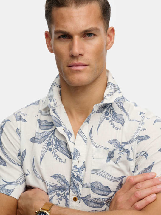 'vintage Loom' Short Sleeve Linen Shirt in Regular Fit Floral Blue