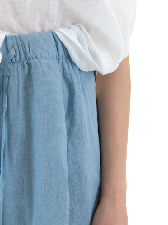 Damen Hochbund Leinen Pantaloons in Breit Bein Stil Hellblaue