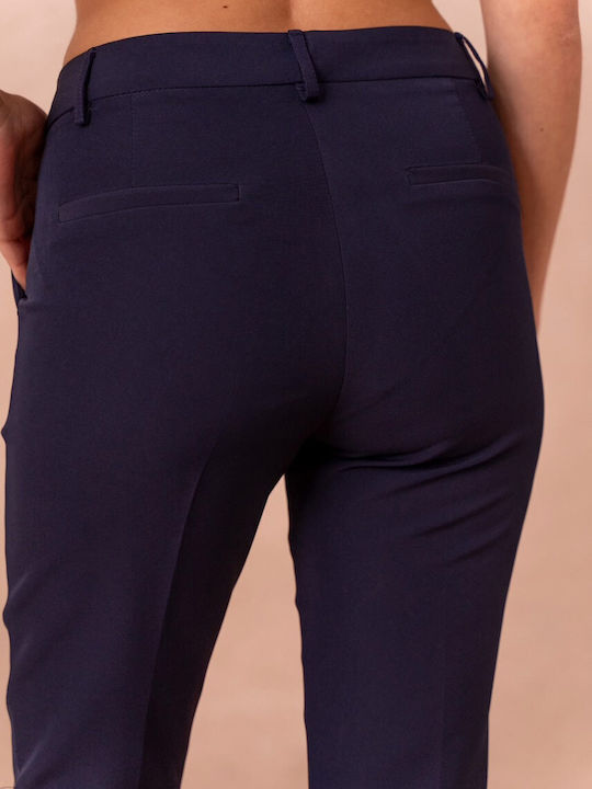 Women's High Rise Fabric Trousers in Straight Leg Navy Blue