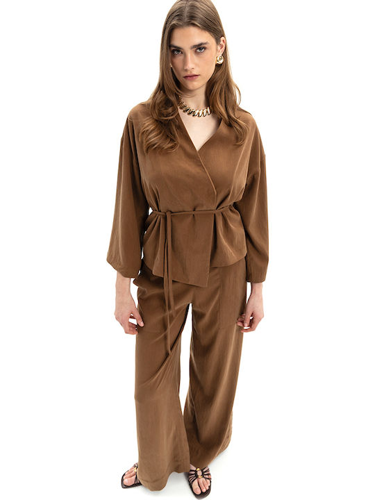 Women's High Rise Pantaloons with Rubber Band in Wide Leg Brown
