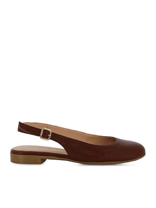 Leather Women's Ballerina Shoes Slingback In Tabac Brown Colour