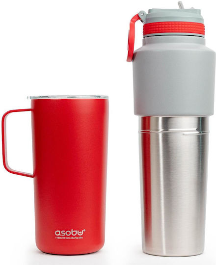 Asobu Twin Pack Μπουκάλι Θερμός Ανοξείδωτο 900ml Κόκκινο