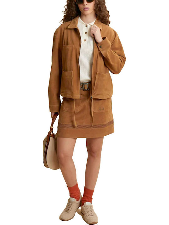 Damen Wildleder Biker Jacke Tabac