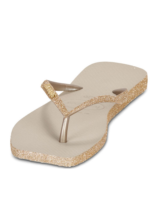 Slim Square Sparkle Flip Flops In Gold Colour