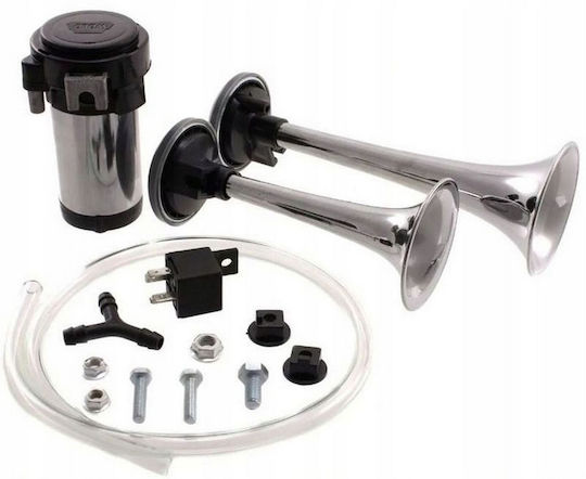Claxon Bitonal 2 Trompete Super Puternic 178db Alimentare 12v Inclus Compresor Electric Crom Negru
