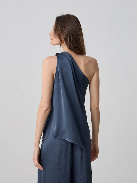 Women's Satin One Shoulder Blouse Blue