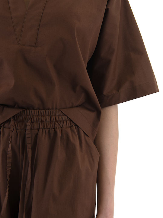 Women's Cotton Short Sleeve Blouse with V-Neck Brown