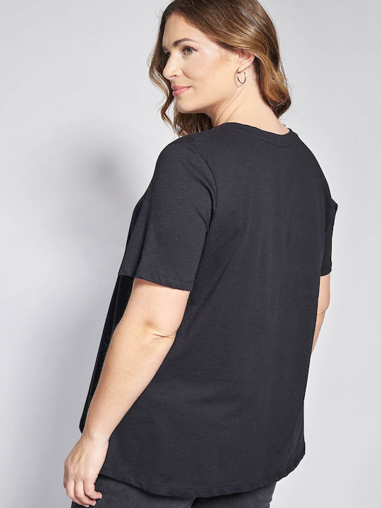 Bluza Damă Bumbac Mâneci Scurte cu Decolteu în V Neagră