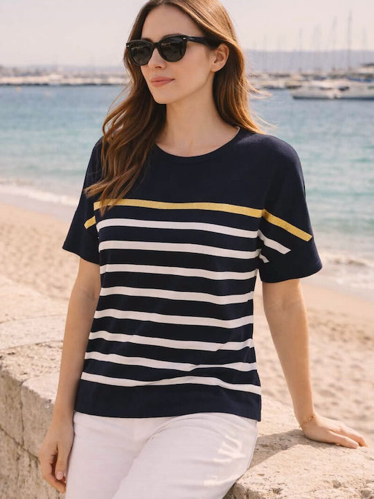 Women's Crop Top Short Sleeve Striped Gold