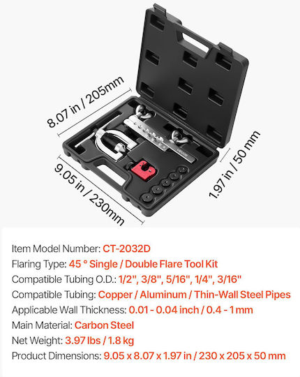 Vevor Brake Pipe Repair Kit Flaring Tool 45° Pipe 7.6 M X 4.76 Mm 16 Fittings 4 Connectors Pipe Cutter 5 Adapters Pqgkgqyjkkgjovjik001v0