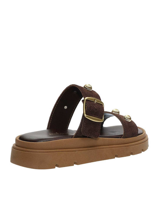 Δερμάτινα Γυναικεία Σανδάλια Flatforms Καφέ