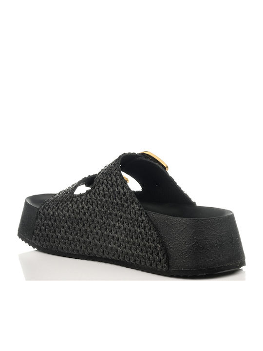 Myconian Δερμάτινα Γυναικεία Σανδάλια Flatforms Μαύρα