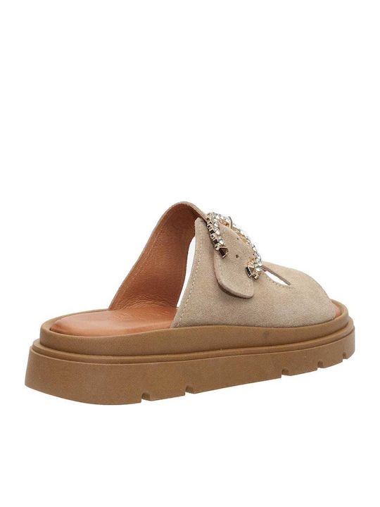 Δερμάτινα Γυναικεία Σανδάλια Flatforms Μπεζ