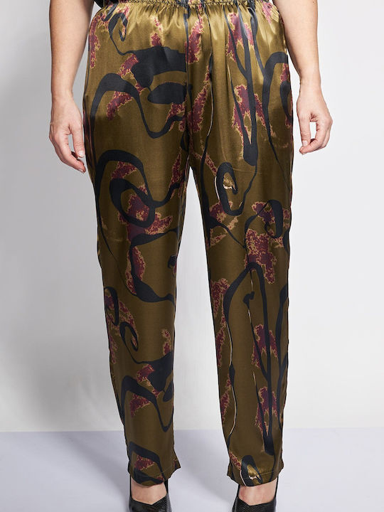 Pantaloni Largi Satin pentru Damă cu Elastic Croială Dreaptă Floral