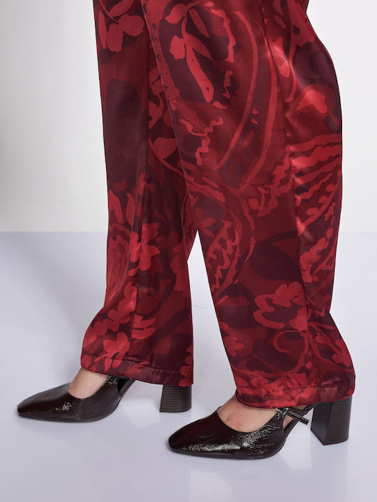 Pantaloni Damă Satin cu Elastic Croială Dreaptă Floral Roșu