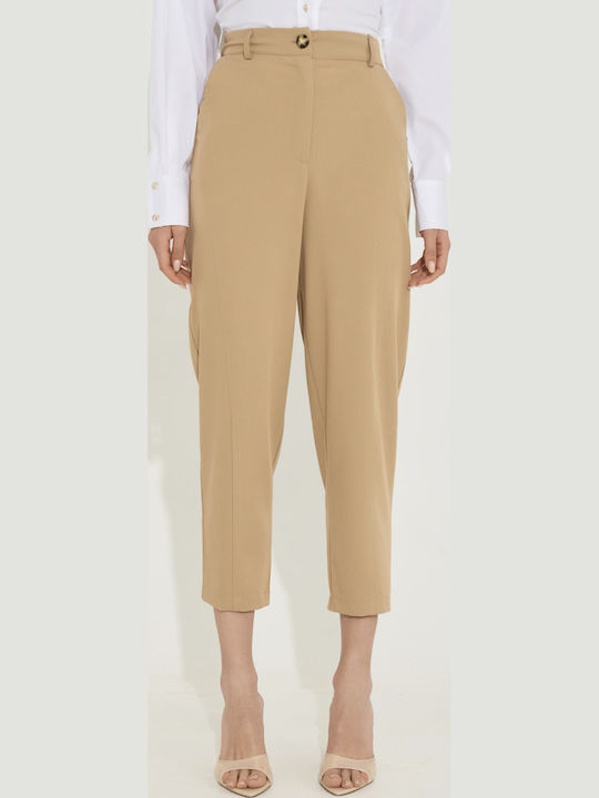 Women's High Rise Fabric Trousers Beige