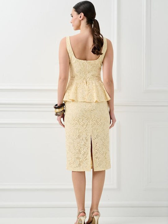 Peplum Καλοκαιρινό Midi Φόρεμα για Γάμο / Βάπτιση με Δαντέλα Κίτρινο