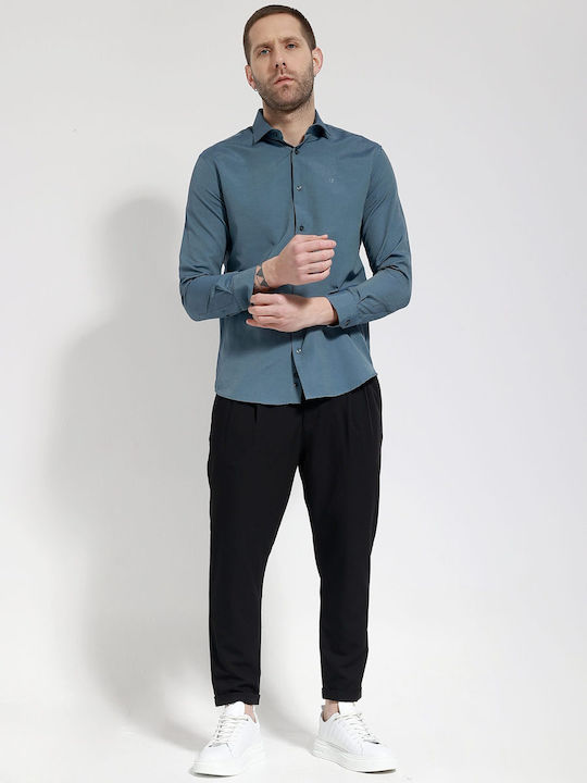 Short Sleeve Shirt in Wide Line Petrol Blue