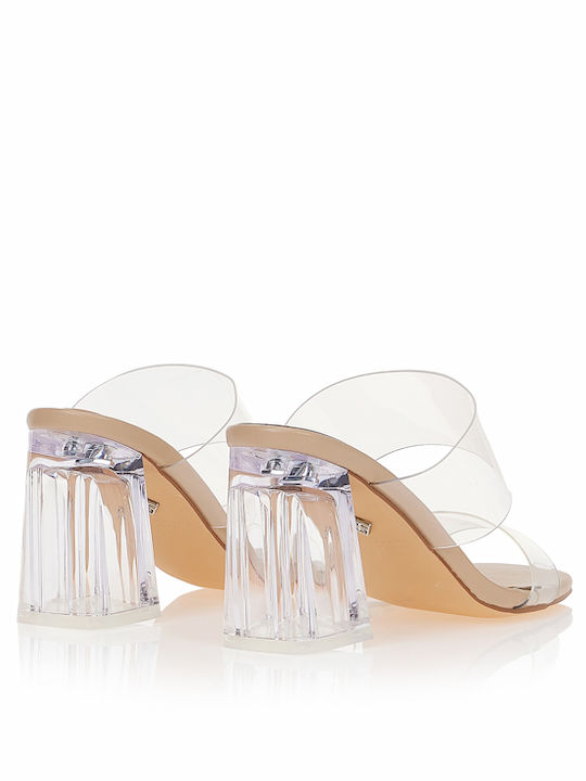 Damen Pantoletten mit Chunky Hoch Absatz in Beige Farbe