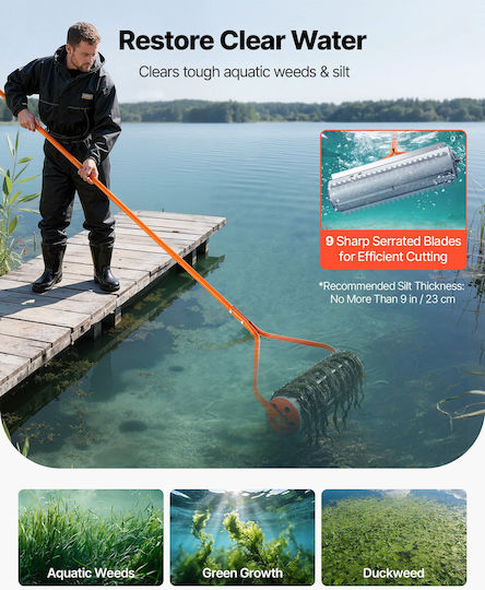 Vevor Lake Weed Roller Lake Weed Removal Tool Garden Pond 18 Ft Root Mud Stirrer Muck Razer 6 Preassembled Blades Stainless Steel 5 Aluminum Handles Hbccgtjcxpvcry036002v0
