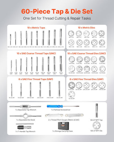 Vevor Set of Hand Taps and Threaders 60 Pieces Metric M3-m12 Sae Coarse Fine Thread Key Storage Case Szhbytz60jtmynael001v0