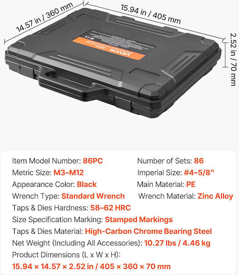 Vevor Set of Hand Taps and Threaders 86 Pieces Metric Sae M3-m12 Coarse Fine Thread Wrench Carrying Case Accessories Szhbytzttc86odwii001v0