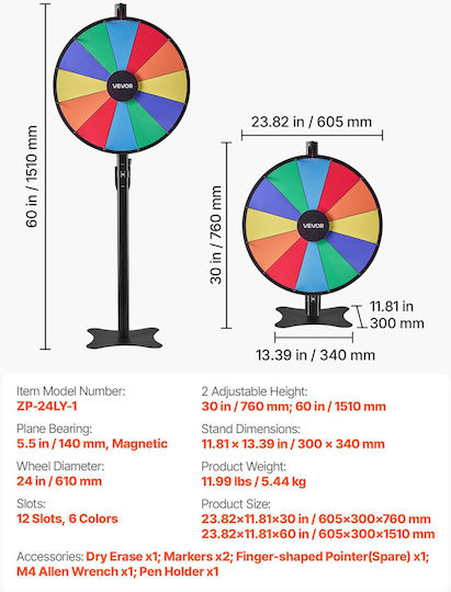 Vevor 610 Mm Wheel Of Fortune Base 12 Positions Adjustable Height Dry Erase Board 2 Markers 6 Colors Easy Assembly Party Pub Exhibitions Carnival Ldscjzl24incq5i6r001v0