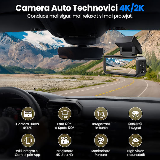 Set Cameră DVR Auto 4K cu Ecran Wi-Fi GPS și Cameră Marșarier