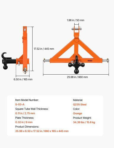 Vevor 3 Point Trailer Hitch 50.8 Mm Receiver 3 Pt Quick Hitch Attachment 3 Trailer Balls Tractor Tow Drawbar Adapter Category 1 Kubota Mahindra Ford Yanmar John Deere Massey Ferguson