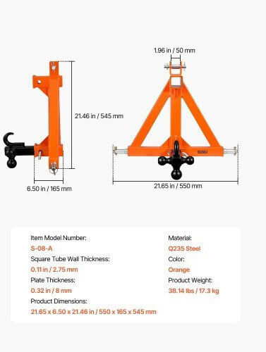 Vevor 3 Point Trailer Hitch 50.8mm Receiver 3 Pt Quick Hitch 3 Trailer Balls Tractor Tow Drawbar Adapter Category 1 Kubota Mahindra Ford Yanmar John Deere Massey Ferguson Orange