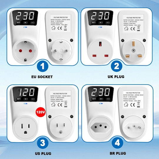 Smart Socket Overvoltage Undervoltage Protection Sinotimer Led Display 230v 16a 3680w Voltage Adjustment