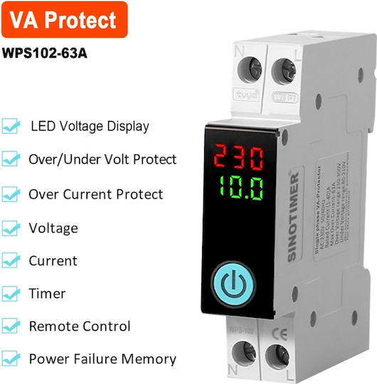 Sinotimer Wps103-63a Întrerupător Automat Inteligent Wifi Protecție Tensiune Curent Monitorizare Kwh Tuya 230v