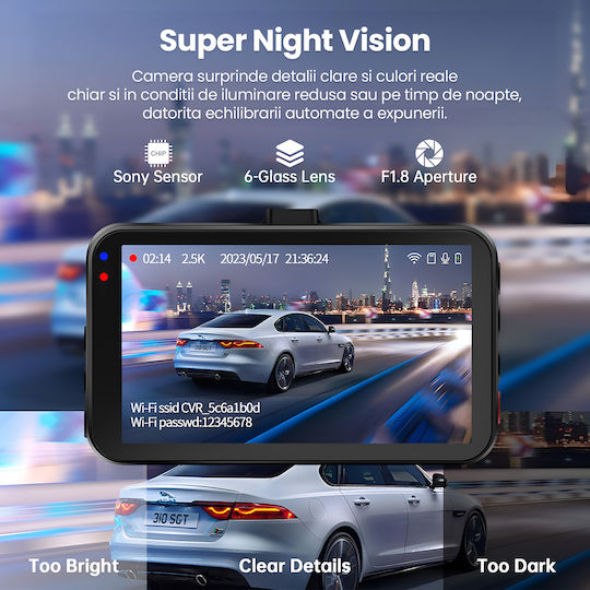 Set Camera DVR Auto 1440P Cu Ecran 3 Wi-Fi & Cameră Video Spate