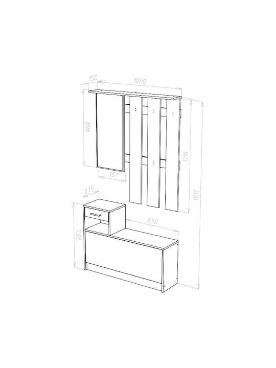 Jamie Mobilier de Intrare cu Oglindă / Cuier & Dulap pentru Pantofi Natural / Alb 100x27.5x187buc