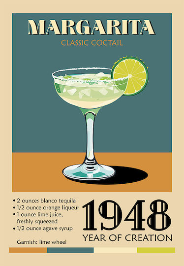 Poster Vintage Margarita Classic Cocktail Pst25385 30cm X 40cm Κορνίζα Φυσικό Ξύλου Μπεζ