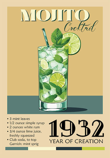 Poster Vintage Mojito Classic Cocktail Pst25383 21cm X 30cm Black Wooden Frame