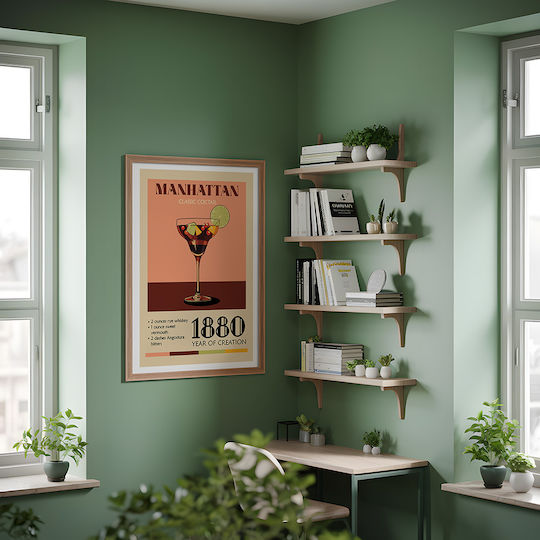 Poster Vintage Manhattan Classic Cocktail Pst25384 50cm X 70cm Frame Natural Wooden Beige