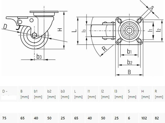 Geko G71513 Ρόδα από Καουτσούκ με Φρένο 75x75mm