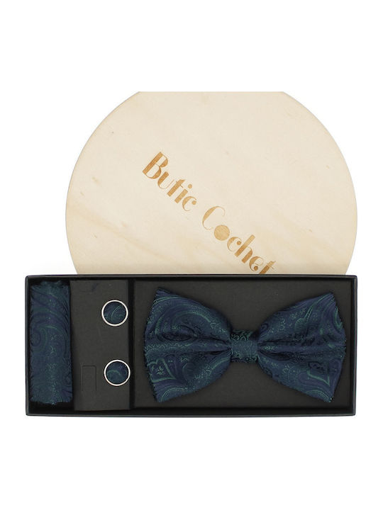 3-teiliges Set Fliegen Manschettenknöpfe Einstecktuch Herren ButicCochet Marineblau Setp296