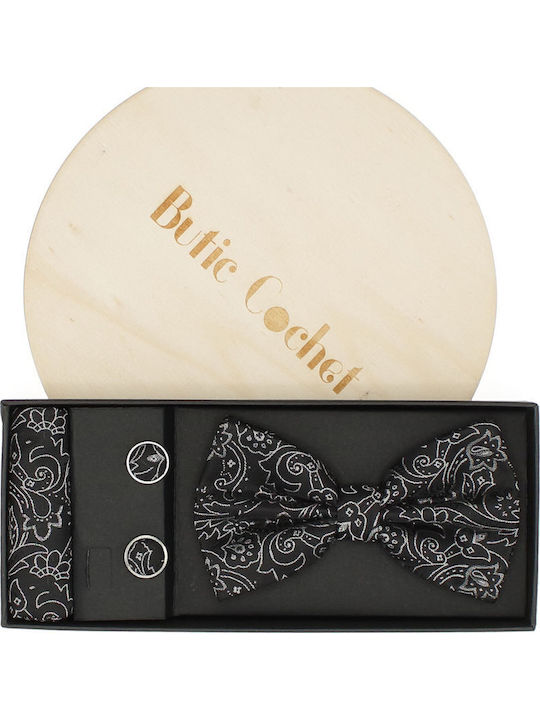 3-piece Set Bow Tie Cufflinks Pocket Square Men Buticcochet Black Setp291