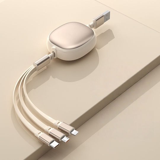 Универсален Подвижен Телефонен Кабел Flippy Universal 3в1 Всеки Телефон Тип Micro-usb Lightning Type-c 1.2м Бежов