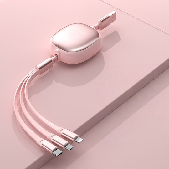 Универсален Подвижен Телефонен Кабел Flippy Universal 3в1 За Всеки Тип Телефон Micro-usb Lightning Type-c 1.2м Розов