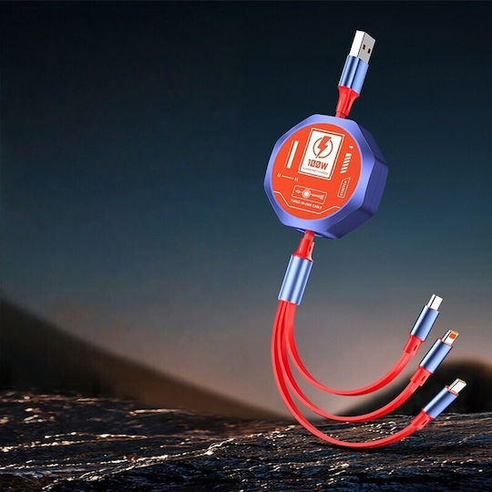 Cablu 3in1 Extensibil Telefon Flippy 100w Încărcare Rapidă Cablu Stil Mecha Potrivit Mașină Universal 1.2m Roșu Albastru