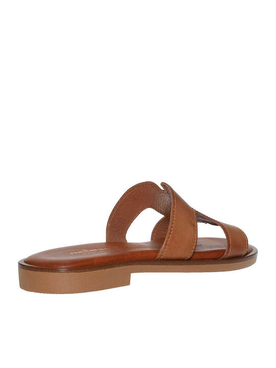 Leather Women's Flat Sandals Tabac Brown