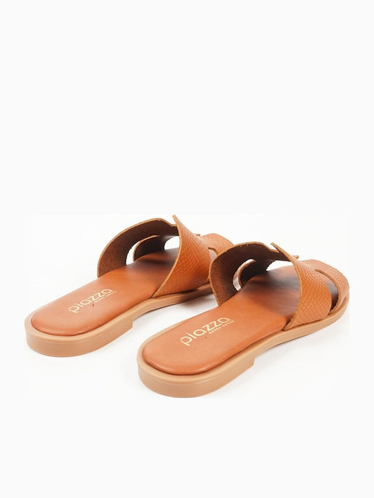 Leather Women's Flat Sandals Tabac Brown