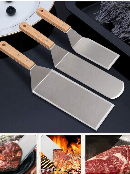 Set 3 Flippy Grill Spatulas Metal Thin Edges Non-stick Surface Heat Resistant Ergonomic Wooden Handle 3 Shapes Hanger Gray
